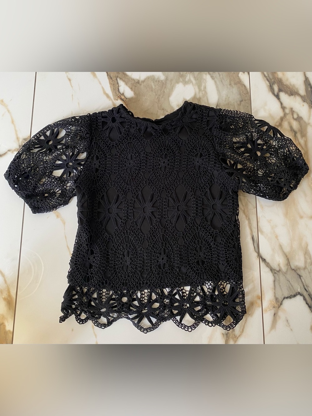 Ultra Pink Crochet Lace Puff-Sleeve Top - Black (Size S)